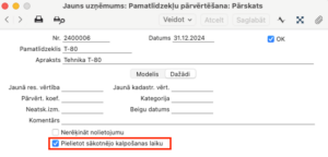 Jaunā izvēles rūtiņa Pielietot sākotnējo kalpošanas laiku pamatlīdzekļu pārvērtēšanas ierakstā
