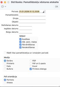 Pamatlīdzekļu vēstures atskaites logs ar iekļaujamām darbībām un opciju Rādīt tikai pamatlīdzekļus ar izmaiņām periodā