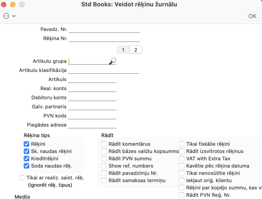 Logs Veidot rēķinu žurnālu ar artikulu, kontu un rēķina tipa izvēlēm, 2. lappuse