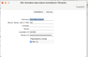 Kontaktu datu bāzes iestatījumu logs ar automātiski aizpildītiem RIK 2.0 pieejas datiem