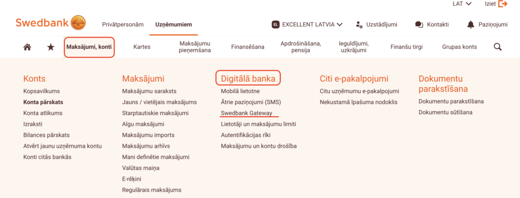 Swedbank Gateway sadaļa Swedbank internetbankā zem Maksājumi, konti > Digitālā banka