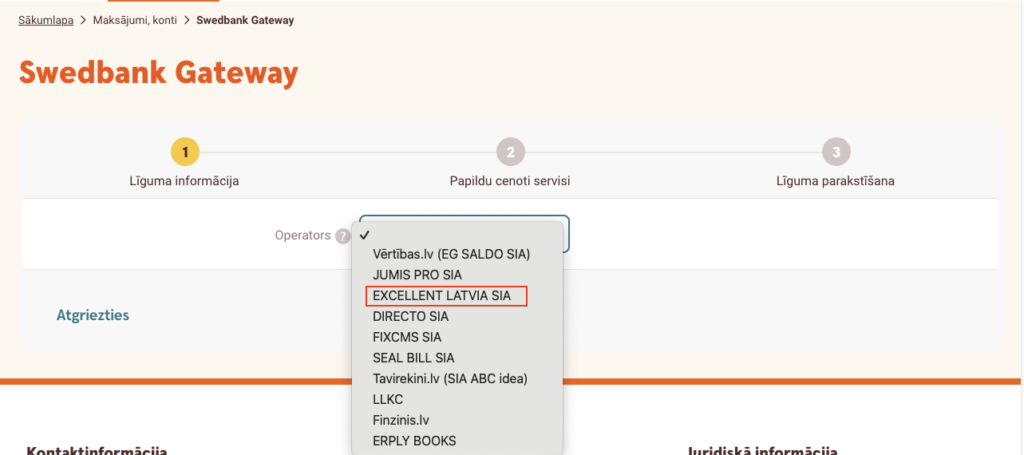 Operatora Excellent Latvia SIA izvēle Swedbank Gateway līgumā