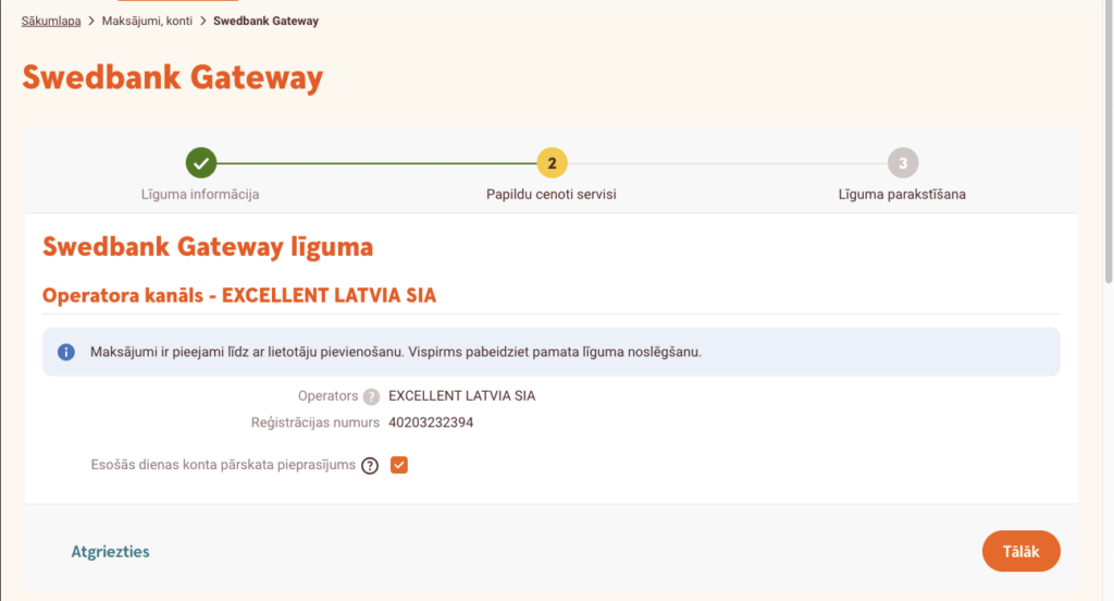 Esošās dienas konta pārskata pieprasījuma maksas opcija Swedbank Gateway līgumā