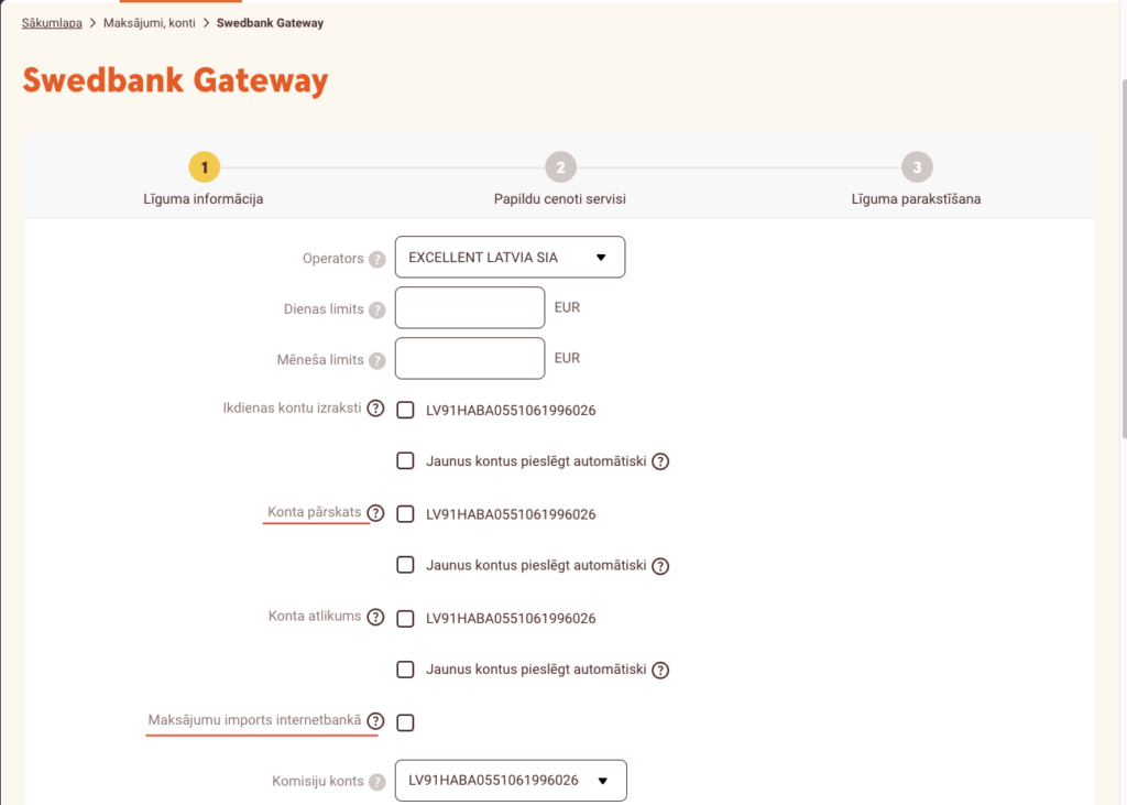 Pakalpojumu Konta pārskats un Maksājumu imports internetbankā atzīmēšana Swedbank Gateway līgumā