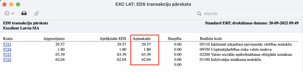 EDS transakciju pārskatā attiecīgi izpildīsies lauki zem “Apmaksāts”