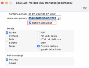EDS transakciju pārskatu atzīmējot specifikācijas logā “Radīt maksājumus”