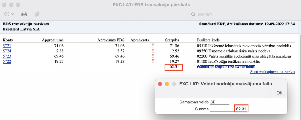 specifikācijas logs veidot maksājuma uzdevuma failu