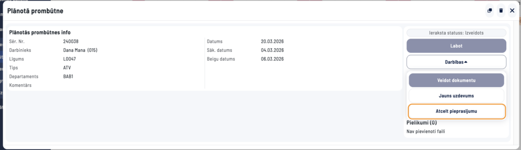 Atcelt pieprasījumu