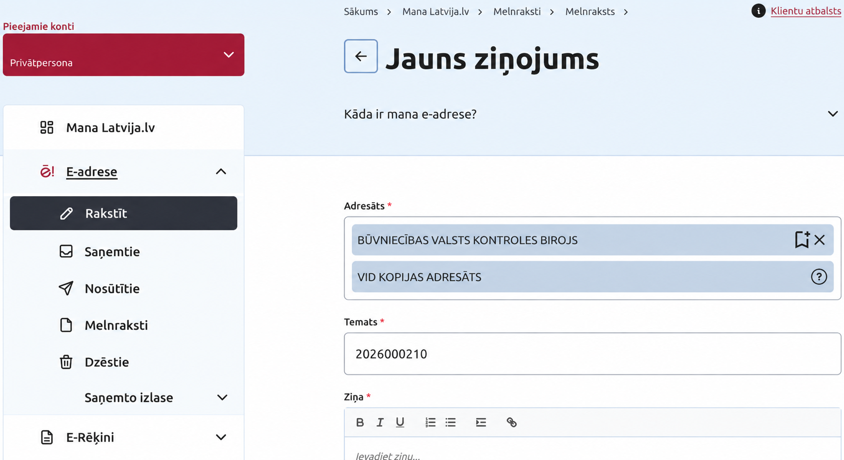 E-adreses lapa Jauns ziņojums ar laukiem Adresāts, Temats un Ziņa