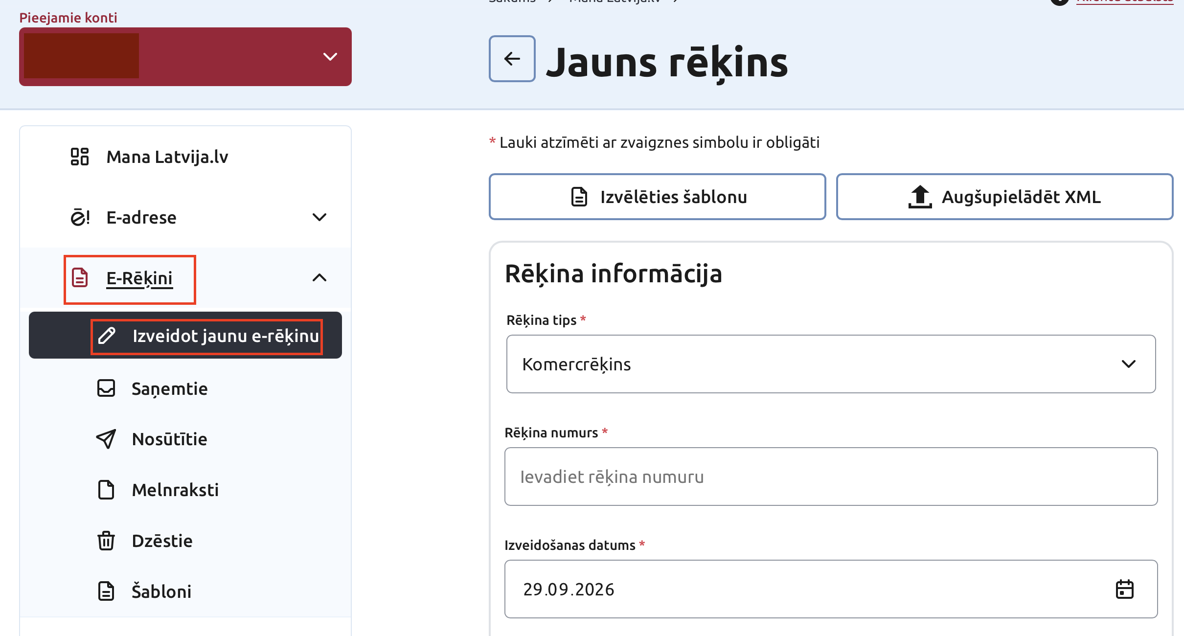 Latvija.gov.lv sadaļa E-Rēķini ar izvēlni Izveidot jaunu e-rēķinu un lapu Jauns rēķins