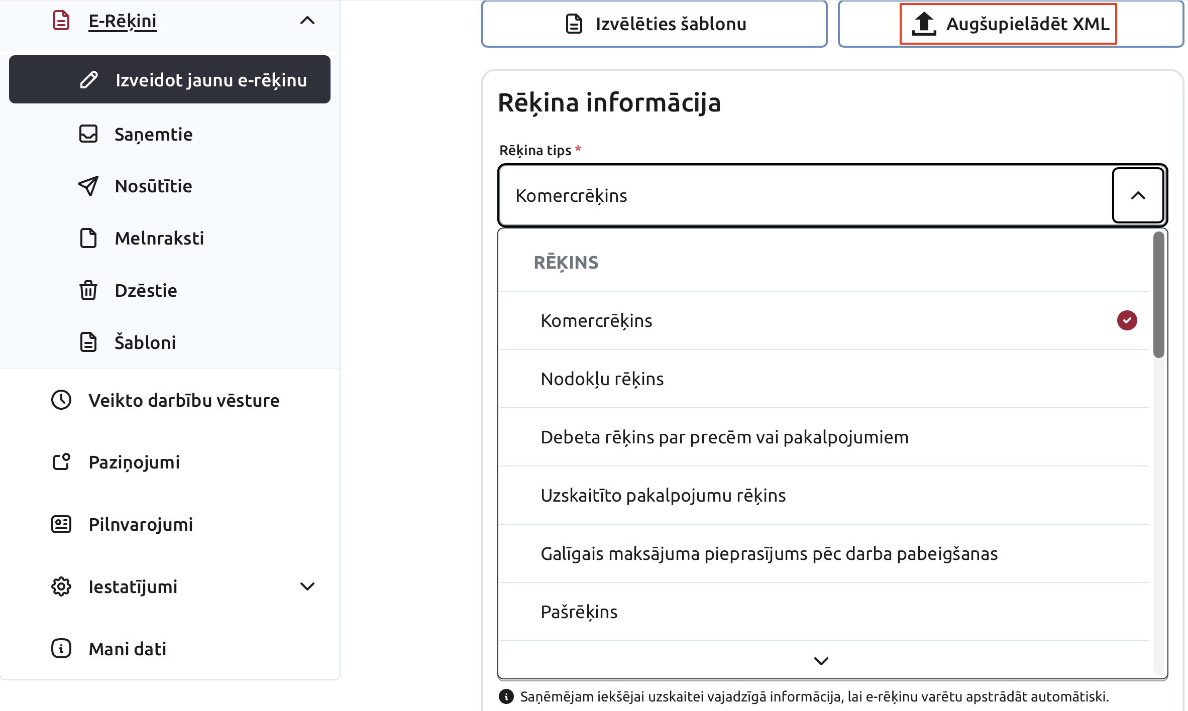 E-rēķina forma ar pogu Augšupielādēt XML un lauka Rēķina tips izvēlni, kurā izvēlēts Komercrēķins
