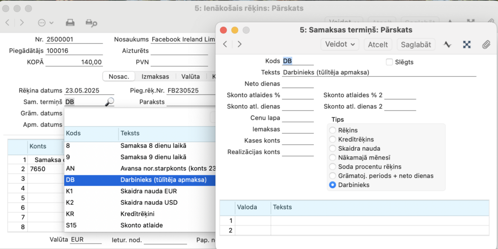 Samaksas termiņš ar veidu Darbinieks