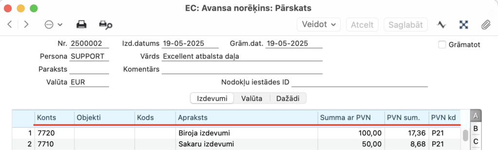 Avansa norēķina sadaļa A ar kolonnām Konts un Objekti