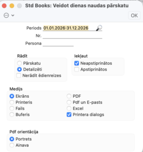 Dienas naudu pārskata logs ar izvēli Detalizēti un rūtiņu Nerādīt ēdienreizes