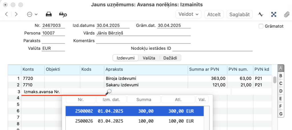 izvēlēties izmaksātā avansa numuru