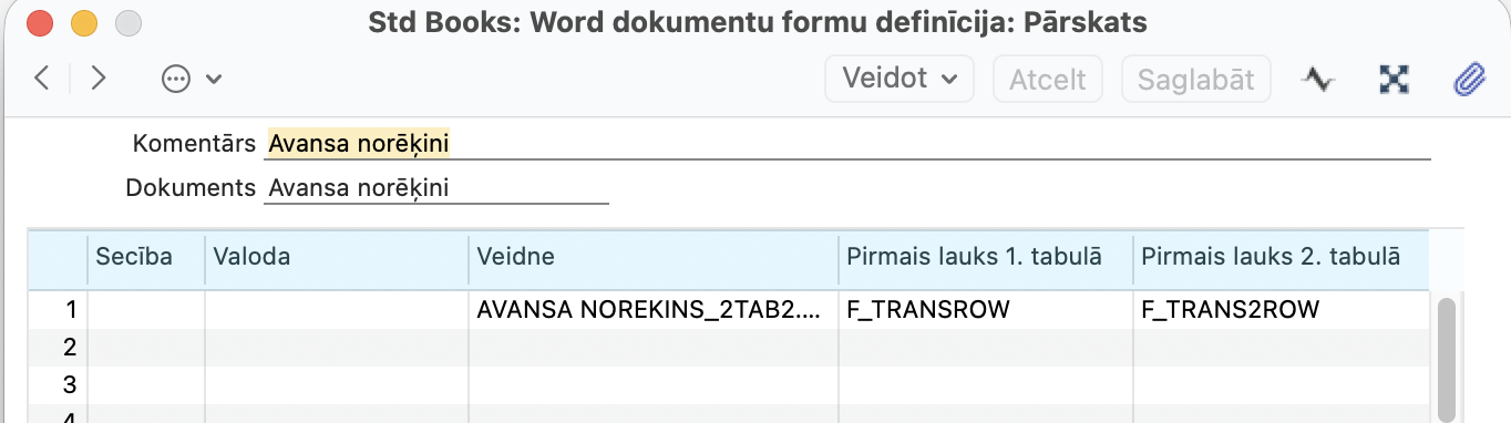 Word dokumentu formu definīcijas avansa norēķina formai ar lauku Pirmais lauks 2. tabulā, kurā ierakstīts F_TRANS2ROW