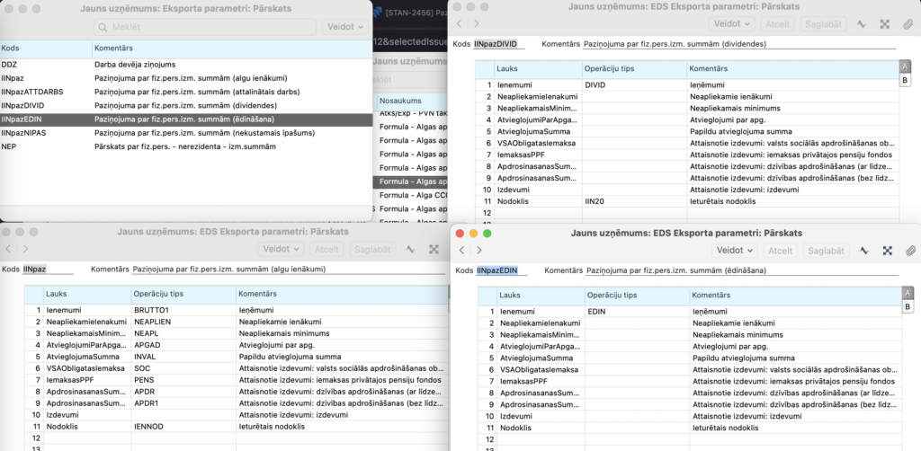 EDS eksporta parametri