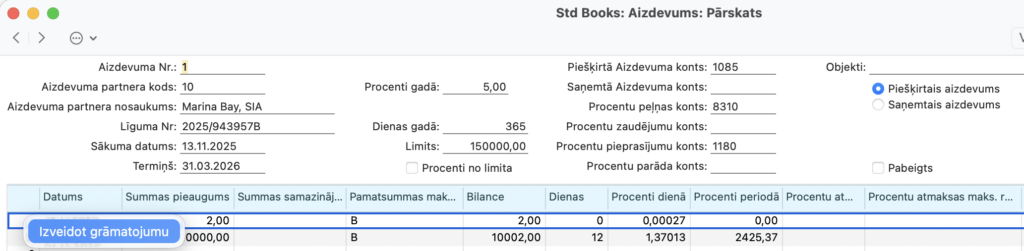 izveidot grāmatojumu no rindas