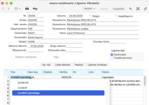 Līguma ieraksta matrica ar kolonnām Tips = Uzstādīt pamatalgu, Operācijas tips = ALGA, Vērtība = 3000