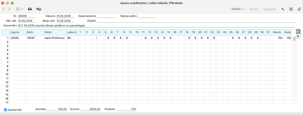 Laika tabula ar ievadītajām stundām