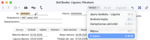 Poga Veidot un opcija E-pastu atvērtā Līguma ierakstā Excellent Books