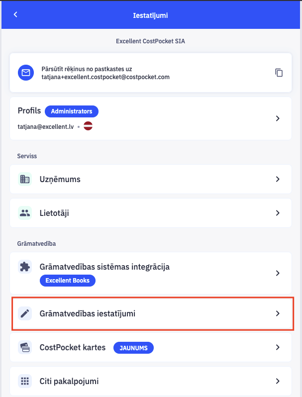 CostPocket iestatījumi ar sadaļu Grāmatvedības iestatījumi