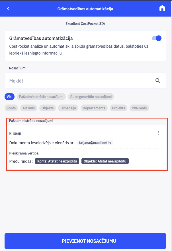 CostPocket grāmatvedības automatizācija ieslēgta, redzama nosacījumu sadaļa