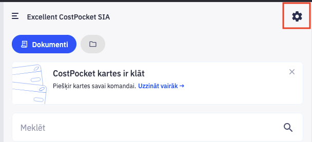 CostPocket lietotnes sākuma ekrāns ar iestatījumu ikonu