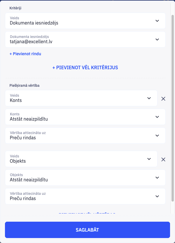 CostPocket pašadministrēts nosacījums ar kritēriju un piešķiramo kontu un objektu