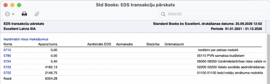 EDS transakciju pārskats ar nodokļu summām un pogu Veidot grāmatojumu