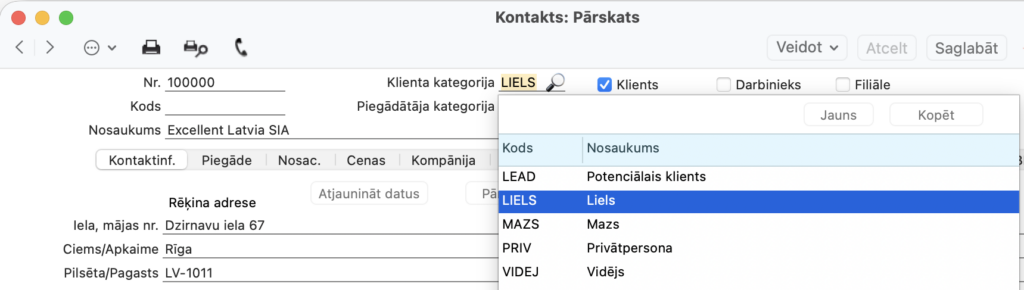Kontaktkartīte ar diviem klasifikatoriem laukā Klasifikācija