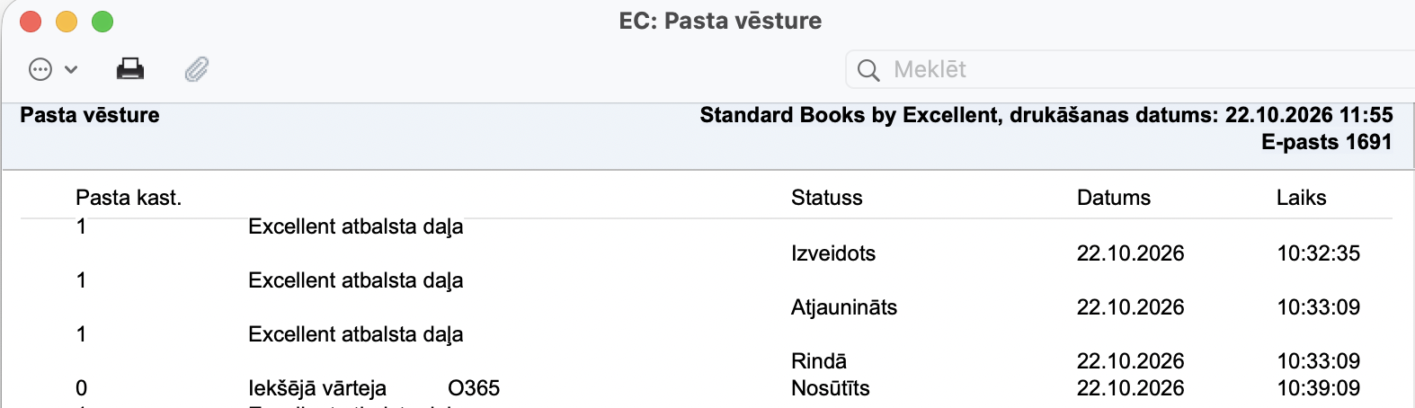 E-pasta vēsture ar statusu Nosūtīts caur Office 365
