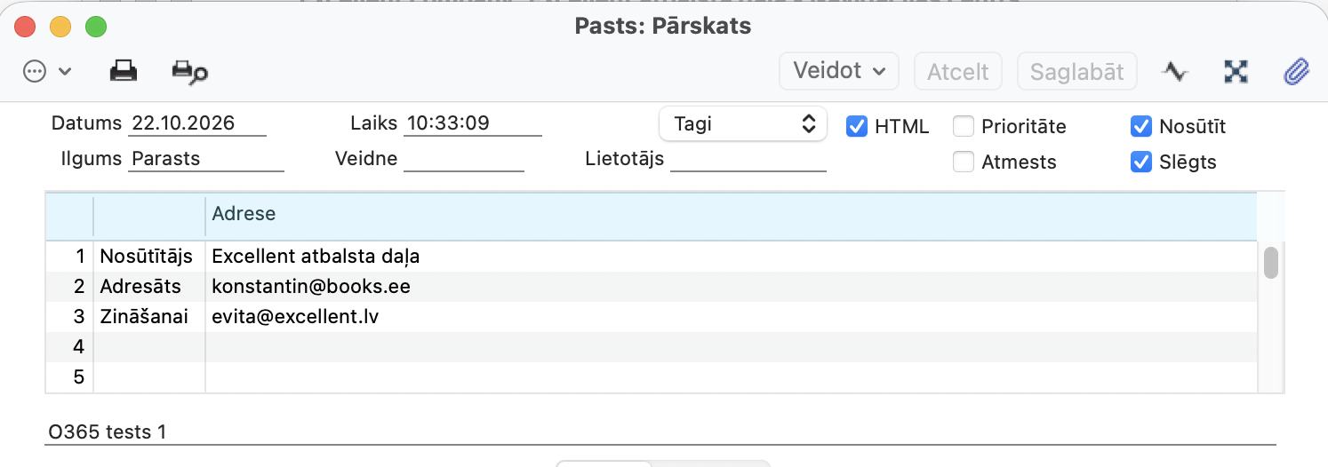 E-pasta logs programmā ar saņēmējiem un atzīmi Nosūtīt