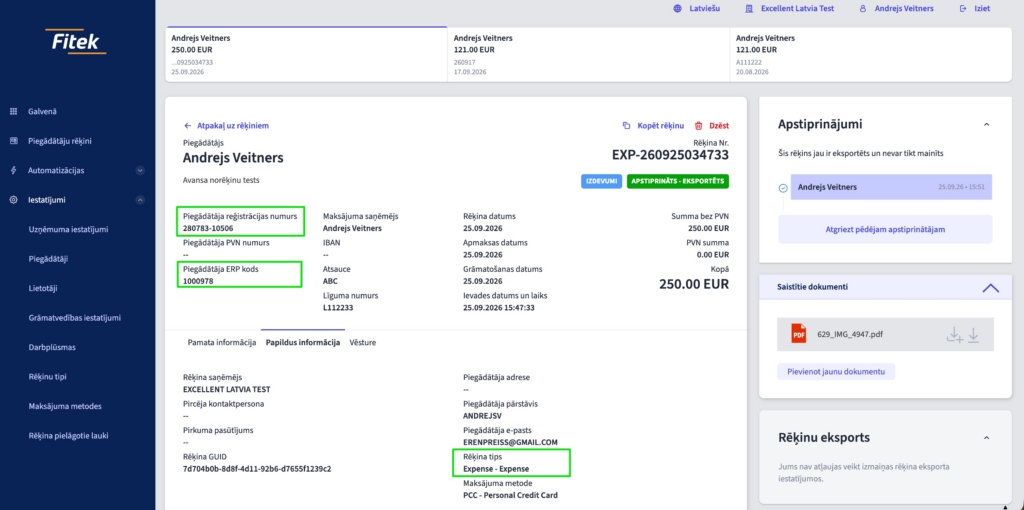 FitekIN izdevumu rēķina kartīte: rēķina tips, piegādātāja reģistrācijas numurs un ERP kods