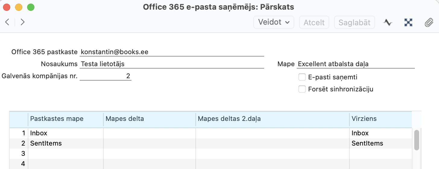 Office 365 e-pasta saņēmēja ieraksts ar pastkastes mapēm Inbox un SentItems
