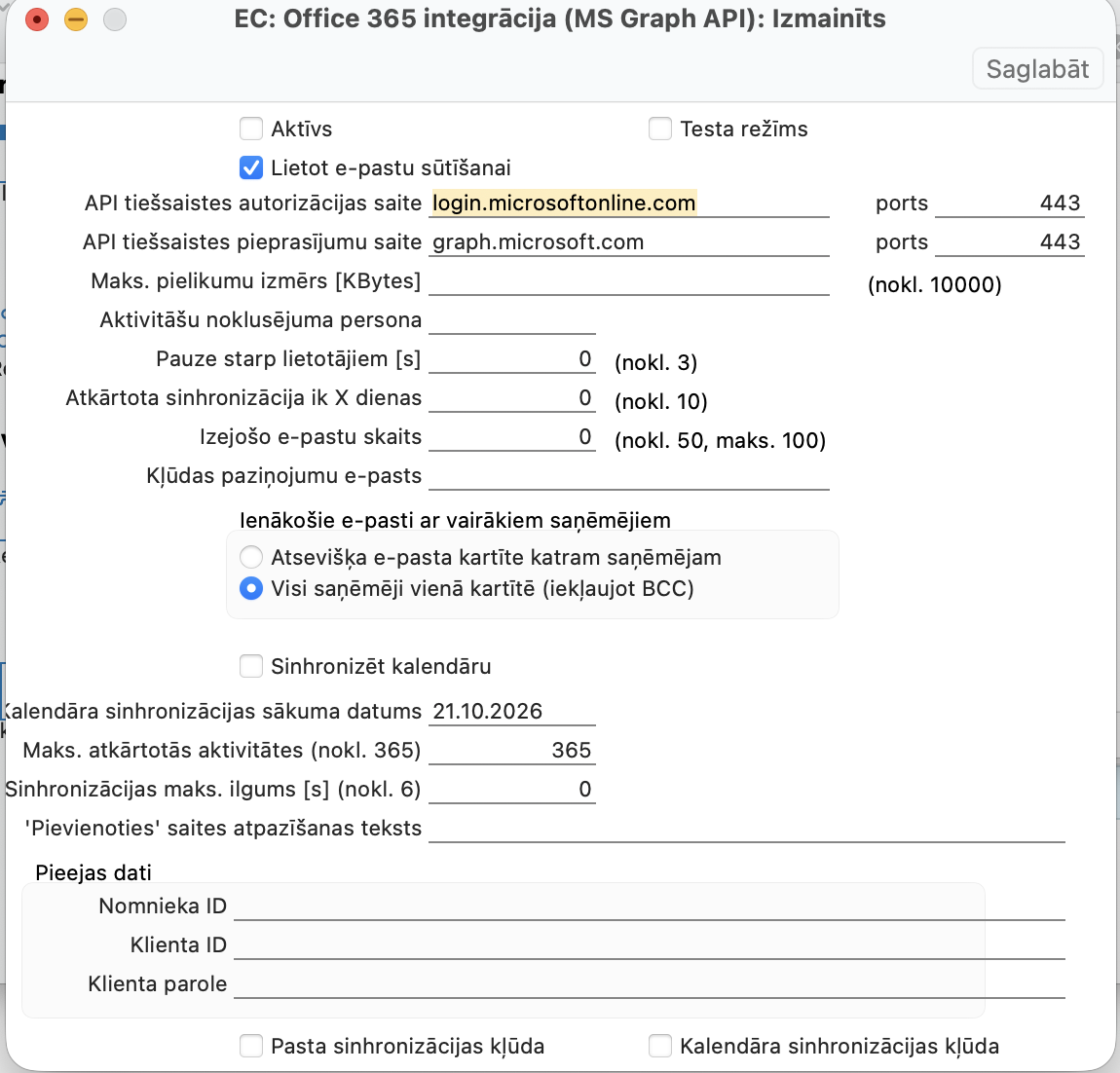 Iestatījums Office 365 integrācija (MS Graph API) ar Microsoft 365 adresēm un atzīmi Lietot e-pastu sūtīšanai
