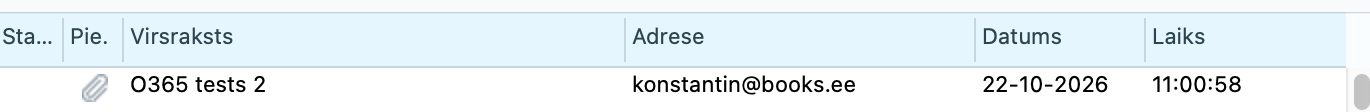 Programmas pastkastīte ar no Outlook nosūtītiem un saņemtiem e-pastiem